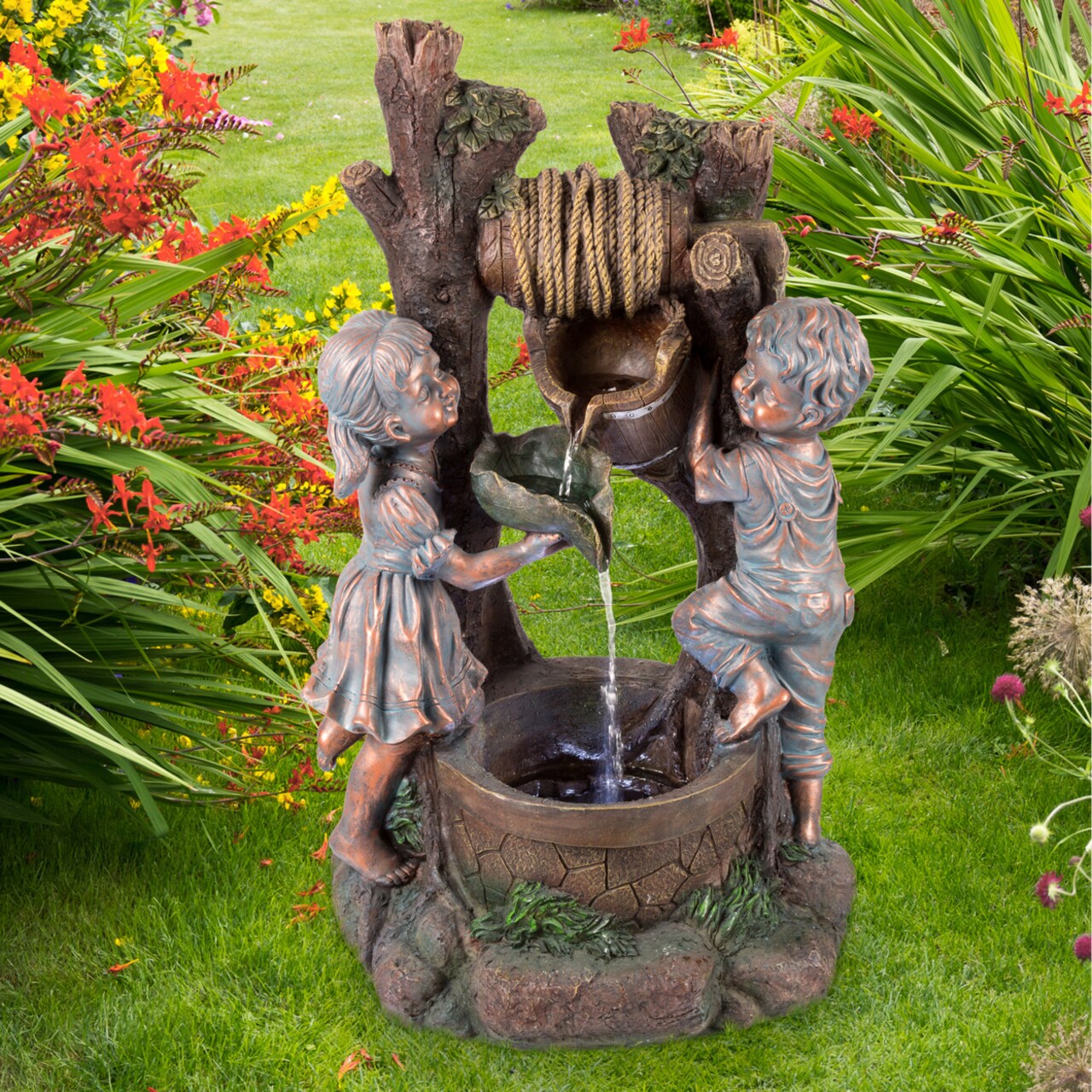 Pure Garden Led Water Fountain Children At The Well Outdoor Decor Polyresin 30"